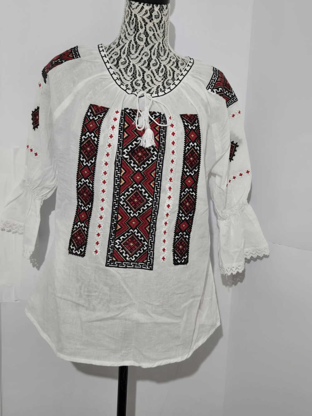 White Embroidered Boho Peasant Blouse with Red & Black Folk Motif - Picture 3 of 8